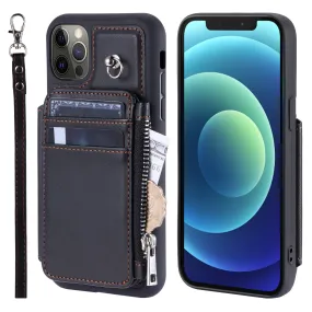 009 Phone Case for iPhone 12 / 12 Pro 6.1 inch , RFID Blocking PU TPU Cover Kickstand Zipper Wallet Shell with Strap