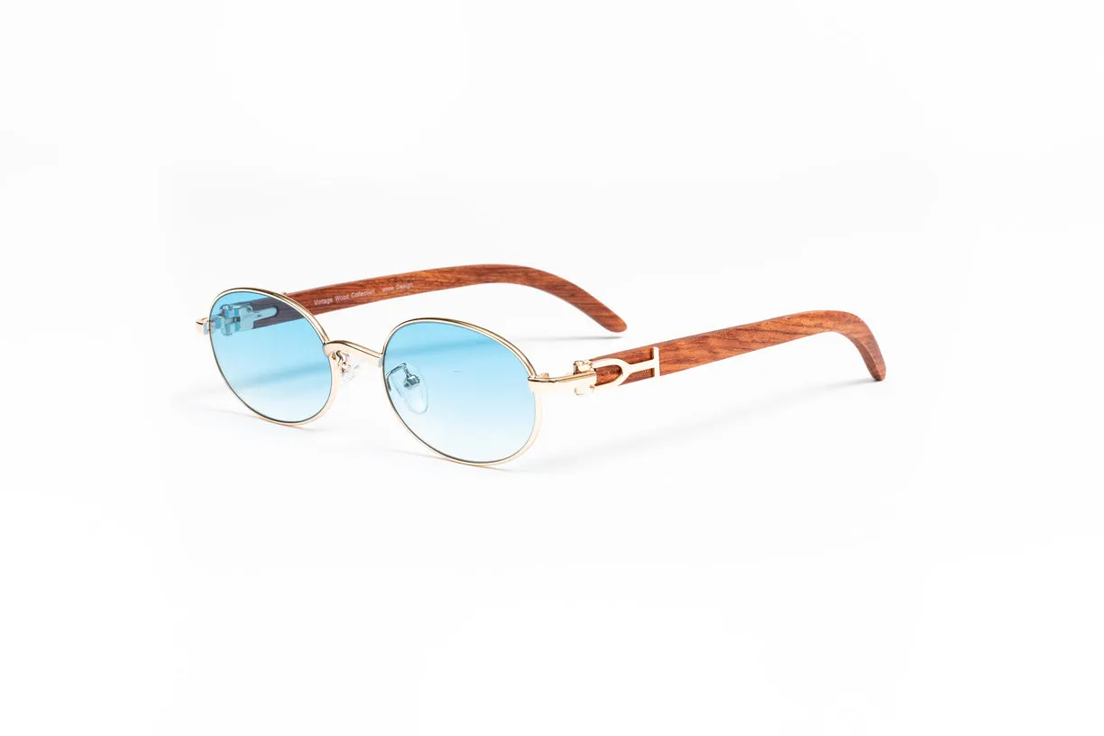 18KT Gold & Brown Wood Oval Sunglasses, Gradient Blue Lenses