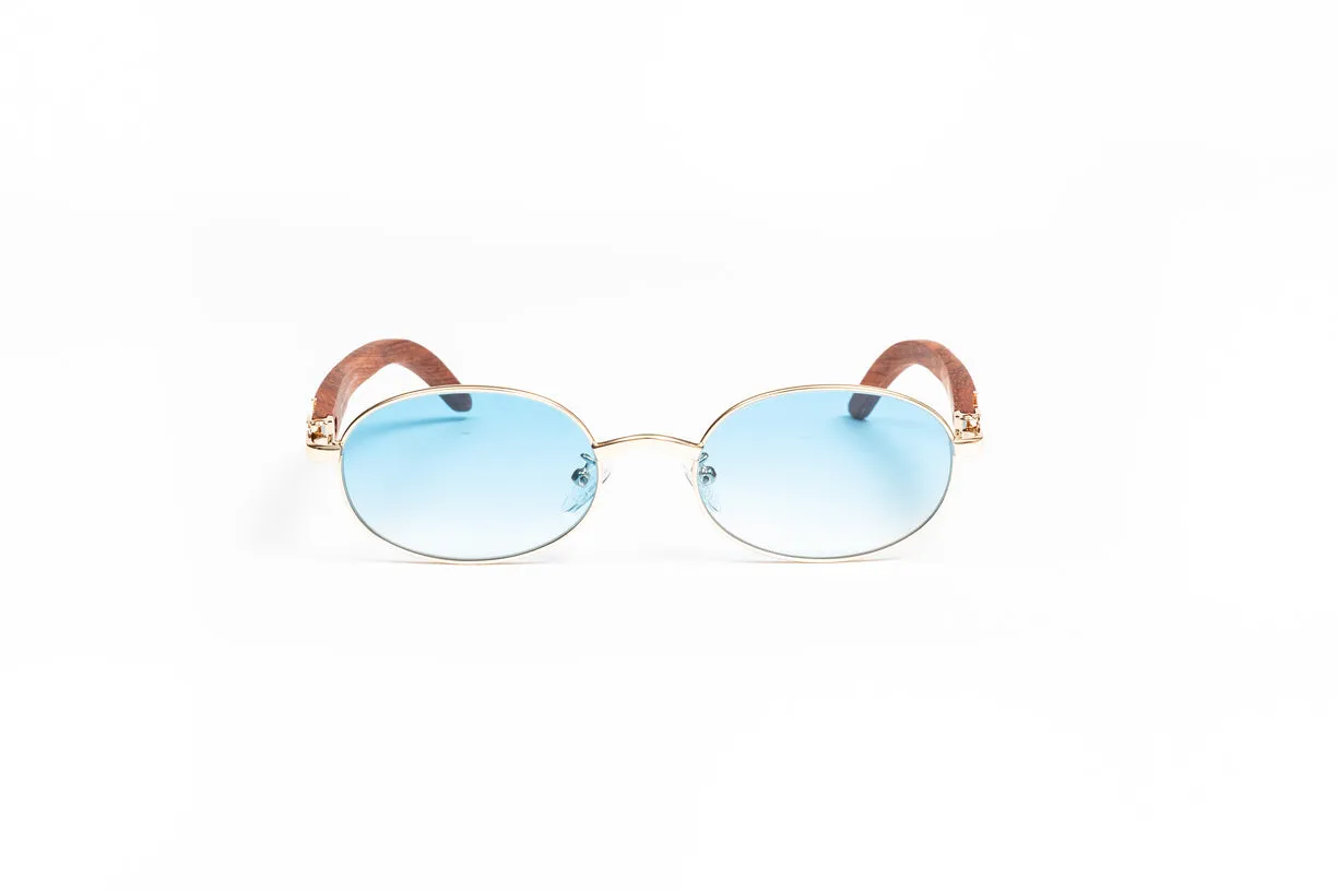 18KT Gold & Brown Wood Oval Sunglasses, Gradient Blue Lenses