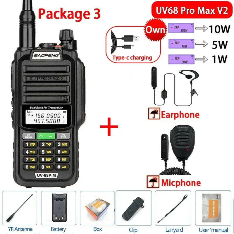 2023 Baofeng UV-68 Pro Max V2 10W IP68 Walkie Talkie Waterproof High Power CB Ham Long Range UV68 portable Two Way Radio hunting