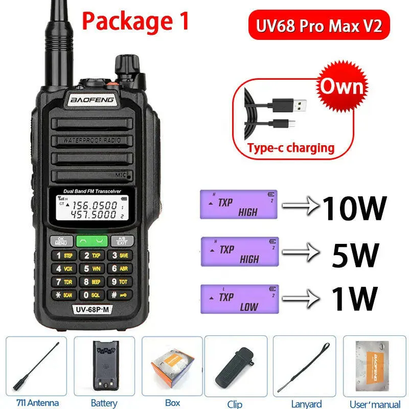 2023 Baofeng UV-68 Pro Max V2 10W IP68 Walkie Talkie Waterproof High Power CB Ham Long Range UV68 portable Two Way Radio hunting