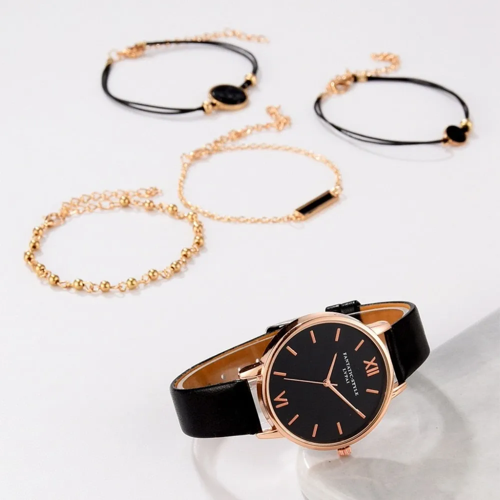 5pcs Set-Top Style Fashion Women's Luxury Leather Band Analog Quartz Wristwatch Ladies Watch