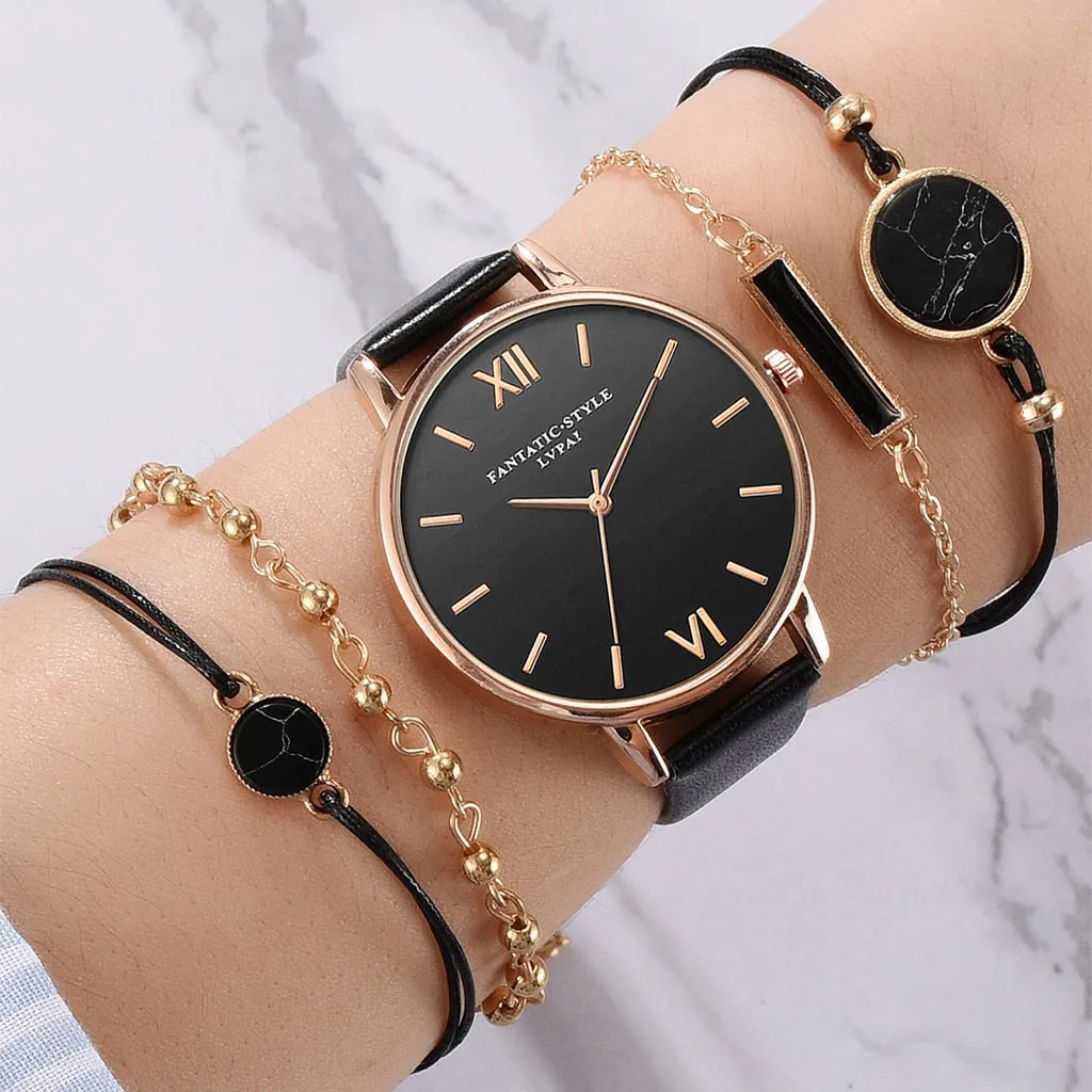 5pcs Set-Top Style Fashion Women's Luxury Leather Band Analog Quartz Wristwatch Ladies Watch