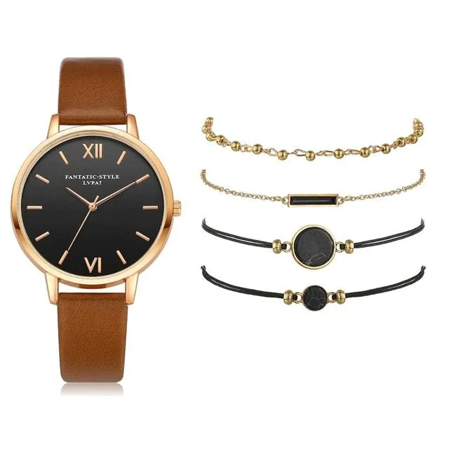 5pcs Set-Top Style Fashion Women's Luxury Leather Band Analog Quartz Wristwatch Ladies Watch