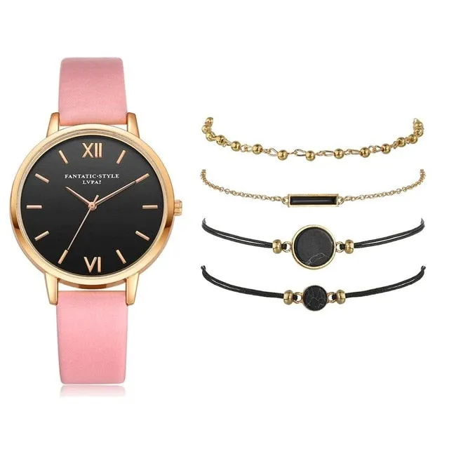 5pcs Set-Top Style Fashion Women's Luxury Leather Band Analog Quartz Wristwatch Ladies Watch