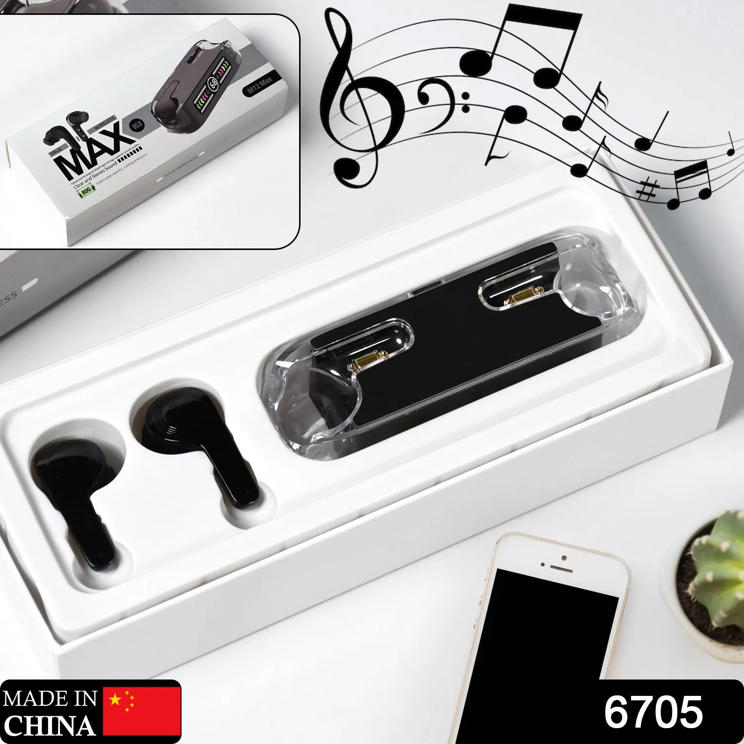 6705 Earphones, with touch control, Black Bluetooth M12 Max  Wireless Technology Stereo Sound made with High-end Material ear bards