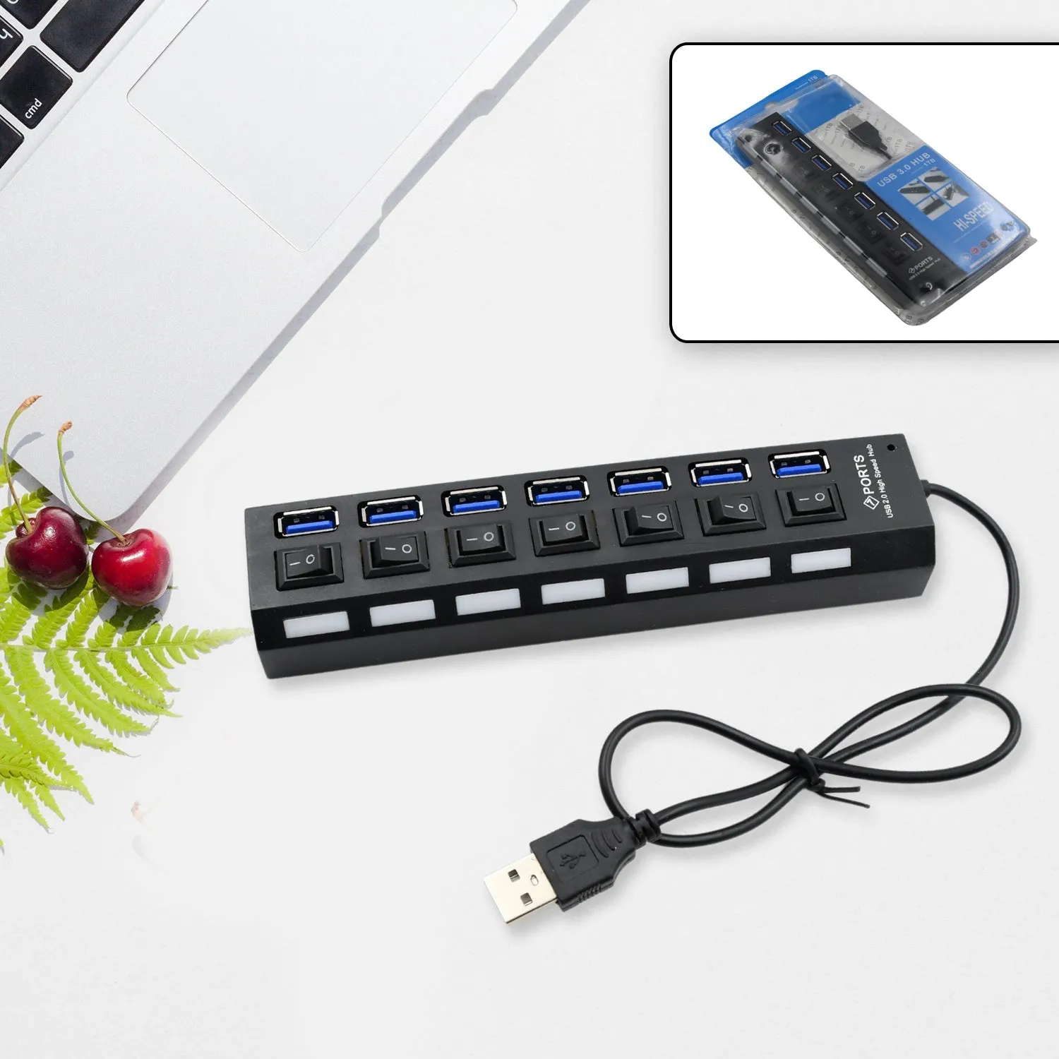 6994 USB Splitter Multi Port USB 2.0 Hub, 7 Port with Independent On/Off Switch and LED Indicators USB A Port Data Hub, Suitable for PC Computer Keyboard Laptop Mobile HDD, Flash Drive Camera Etc