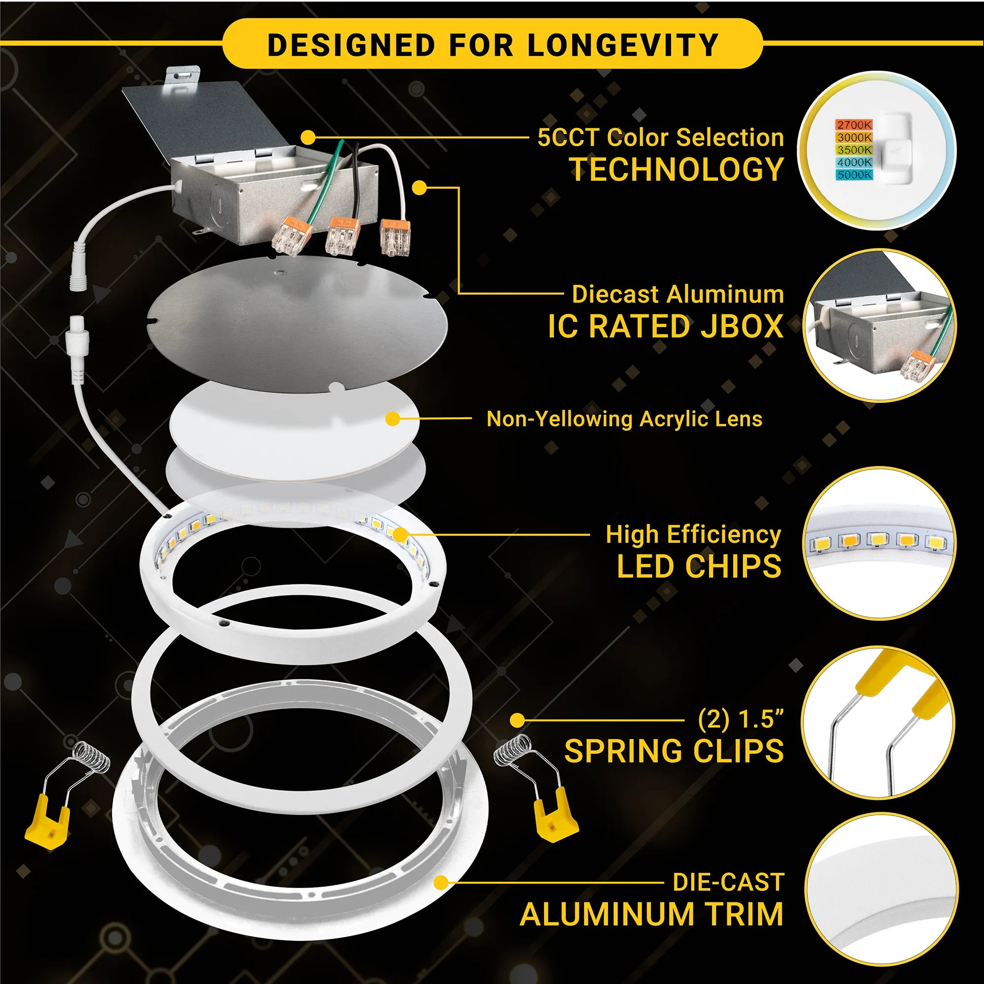 6" Inch Gimbal Recessed Light for Sloped Ceiling Canless LED Lighting - Damp Rated - 5CCT 2700K-5000K - 1050LM