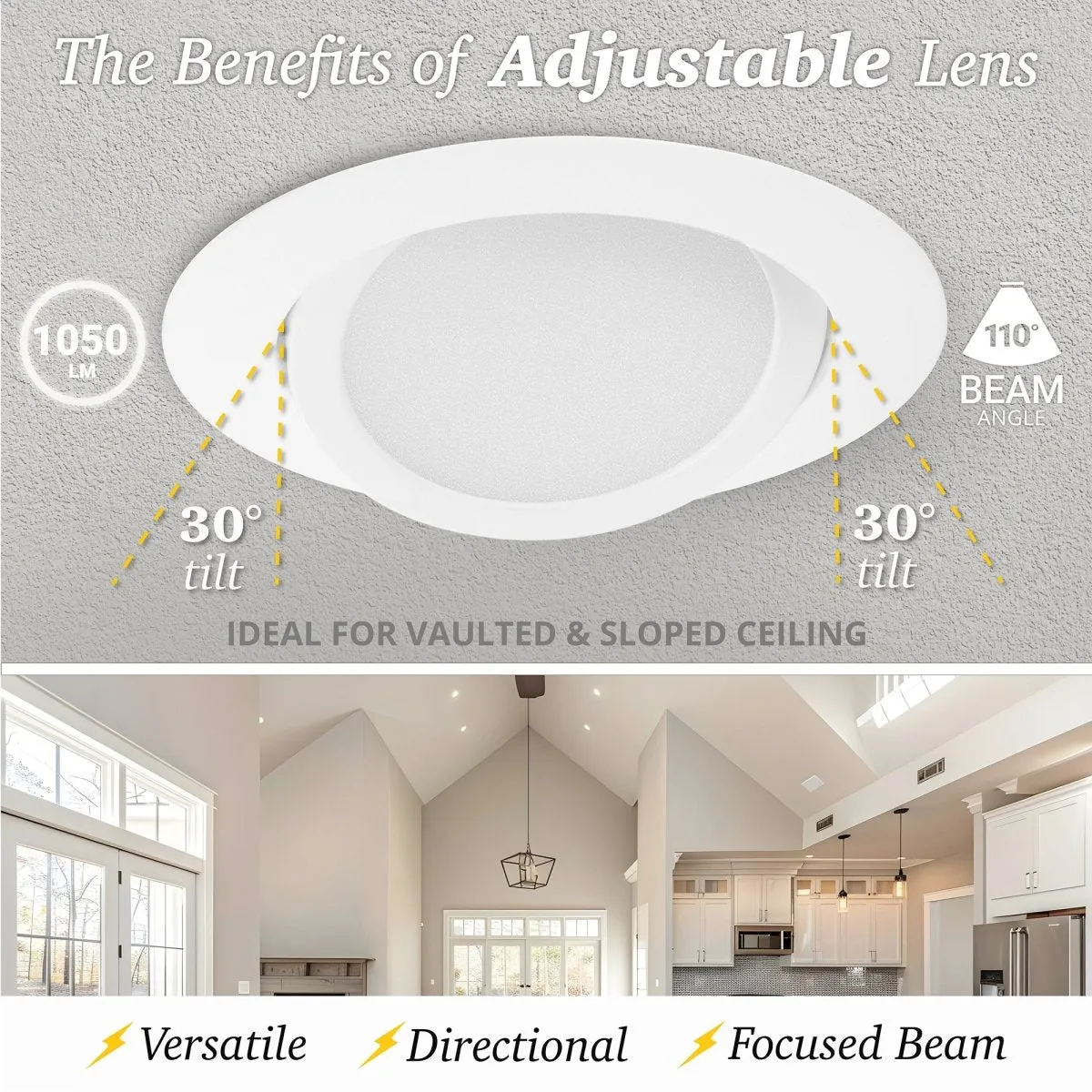 6" Inch Gimbal Recessed Light for Sloped Ceiling Canless LED Lighting - Damp Rated - 5CCT 2700K-5000K - 1050LM