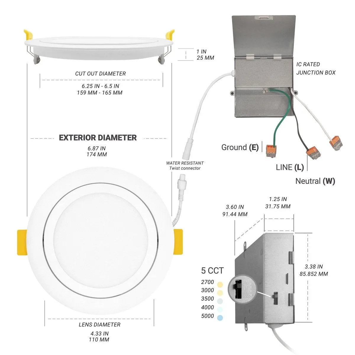 6" Inch Gimbal Recessed Light for Sloped Ceiling Canless LED Lighting - Damp Rated - 5CCT 2700K-5000K - 1050LM