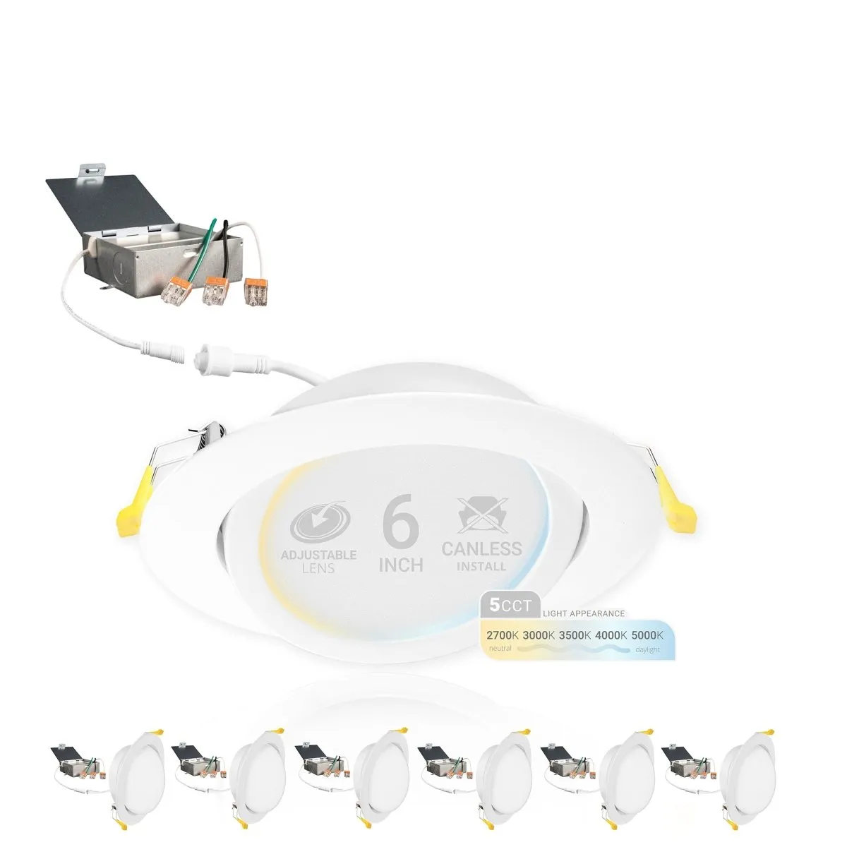 6" Inch Gimbal Recessed Light for Sloped Ceiling Canless LED Lighting - Damp Rated - 5CCT 2700K-5000K - 1050LM