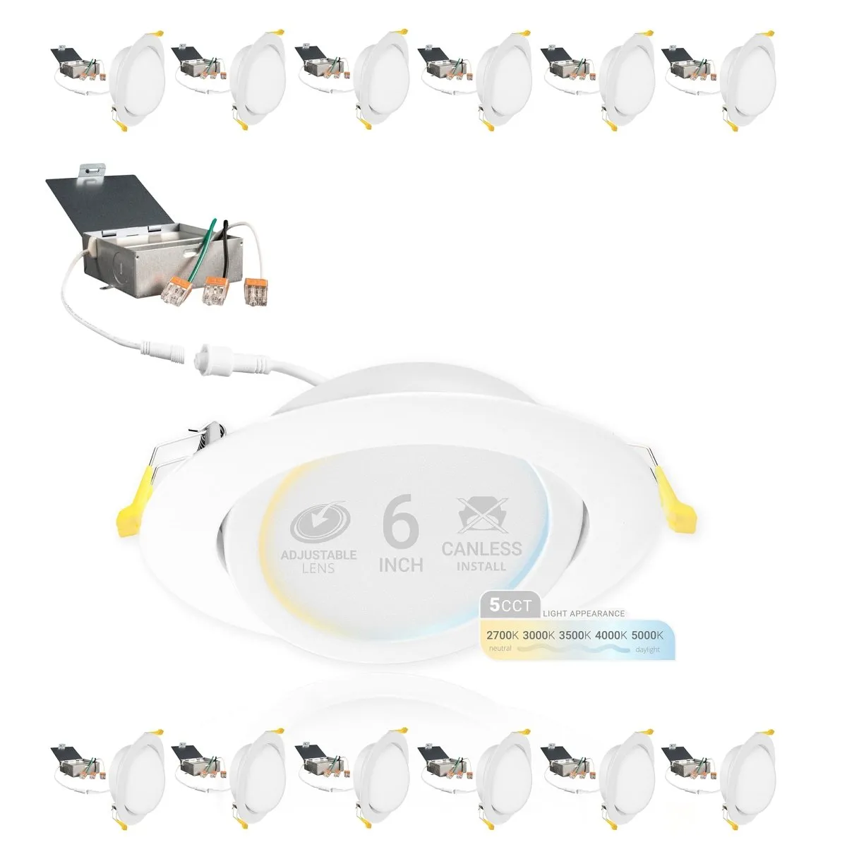 6" Inch Gimbal Recessed Light for Sloped Ceiling Canless LED Lighting - Damp Rated - 5CCT 2700K-5000K - 1050LM