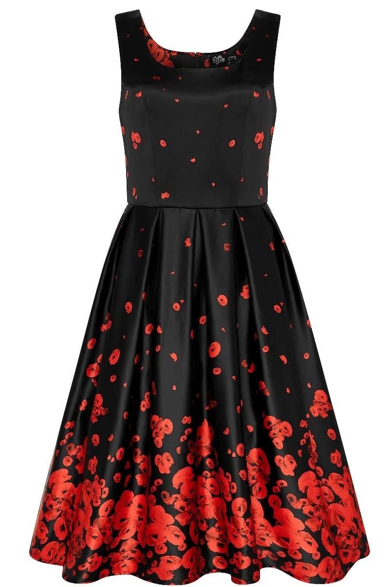 Amanda Floral Raising Poppy Print Dress in Black-Red