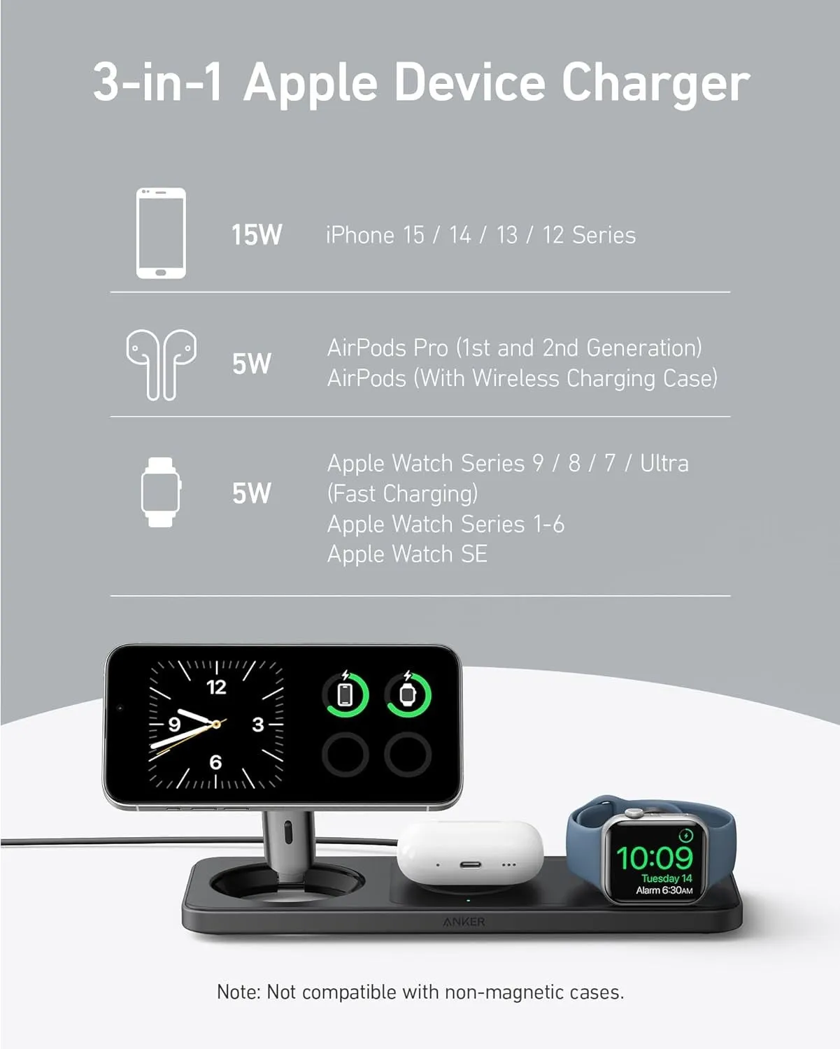 Anker MagGo Wireless Charging Station 15W, 3-in-1 PadWhite -194644173289