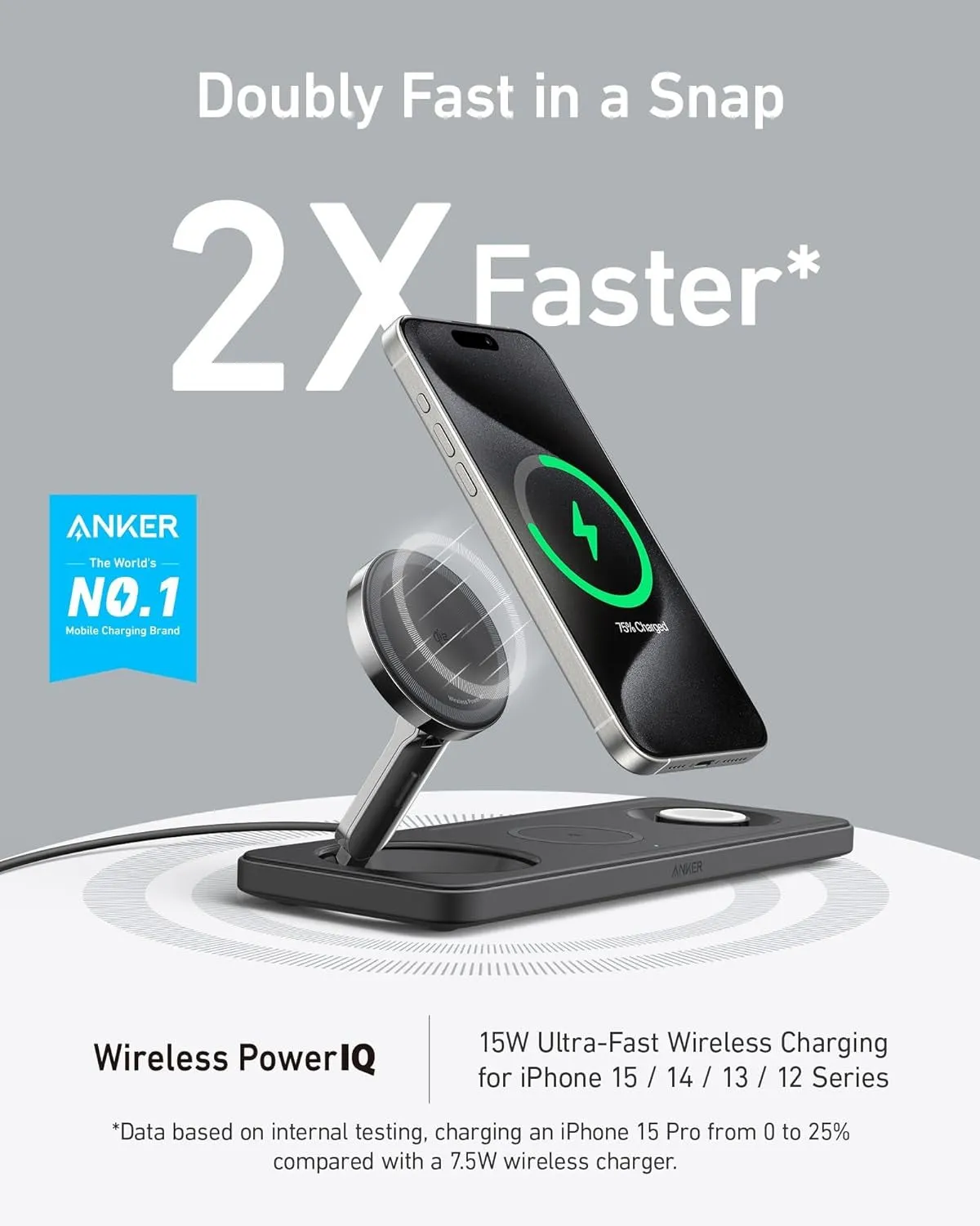 Anker MagGo Wireless Charging Station 15W, 3-in-1 PadWhite -194644173289