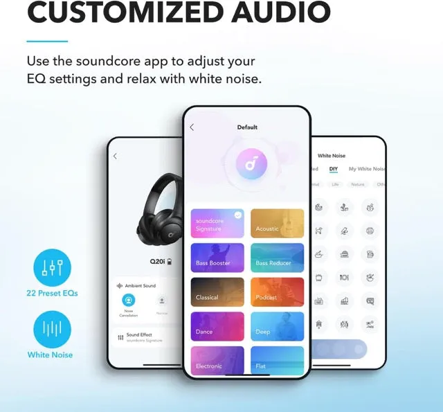 Anker Soundcore Q20i Hybrid Active Noise Cancelling Headphones, Wireless Over-Ear Bluetooth, 40H Long ANC Playtime, Hi-Res Audio, Big Bass, Customize via an App, Transparency Mode (Black)