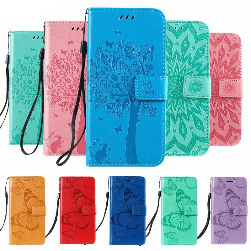 Anymob Huawei Phone Case Blue Flower Design Flip Leather Wallet Phone Cover