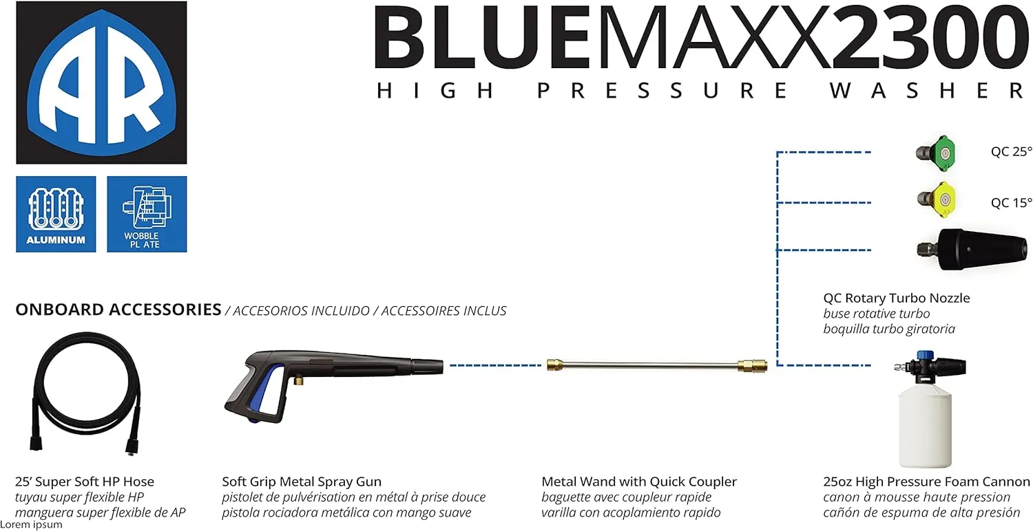 AR Blue Clean Maxx 2300 Electric Pressure Washer 2300 PSI 1.5 GPM New