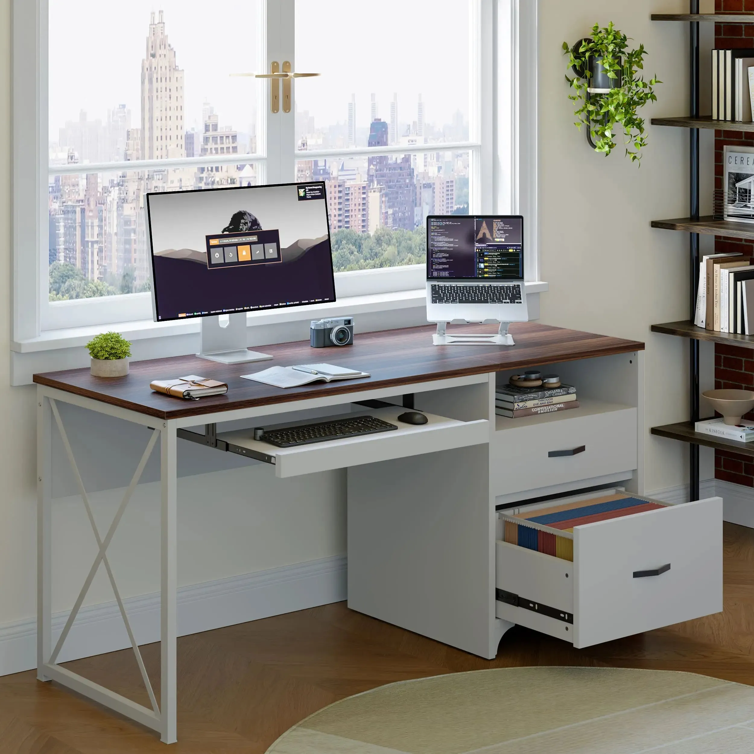 Bestier 55 Inch Industrial Office Computer Desk with Storage