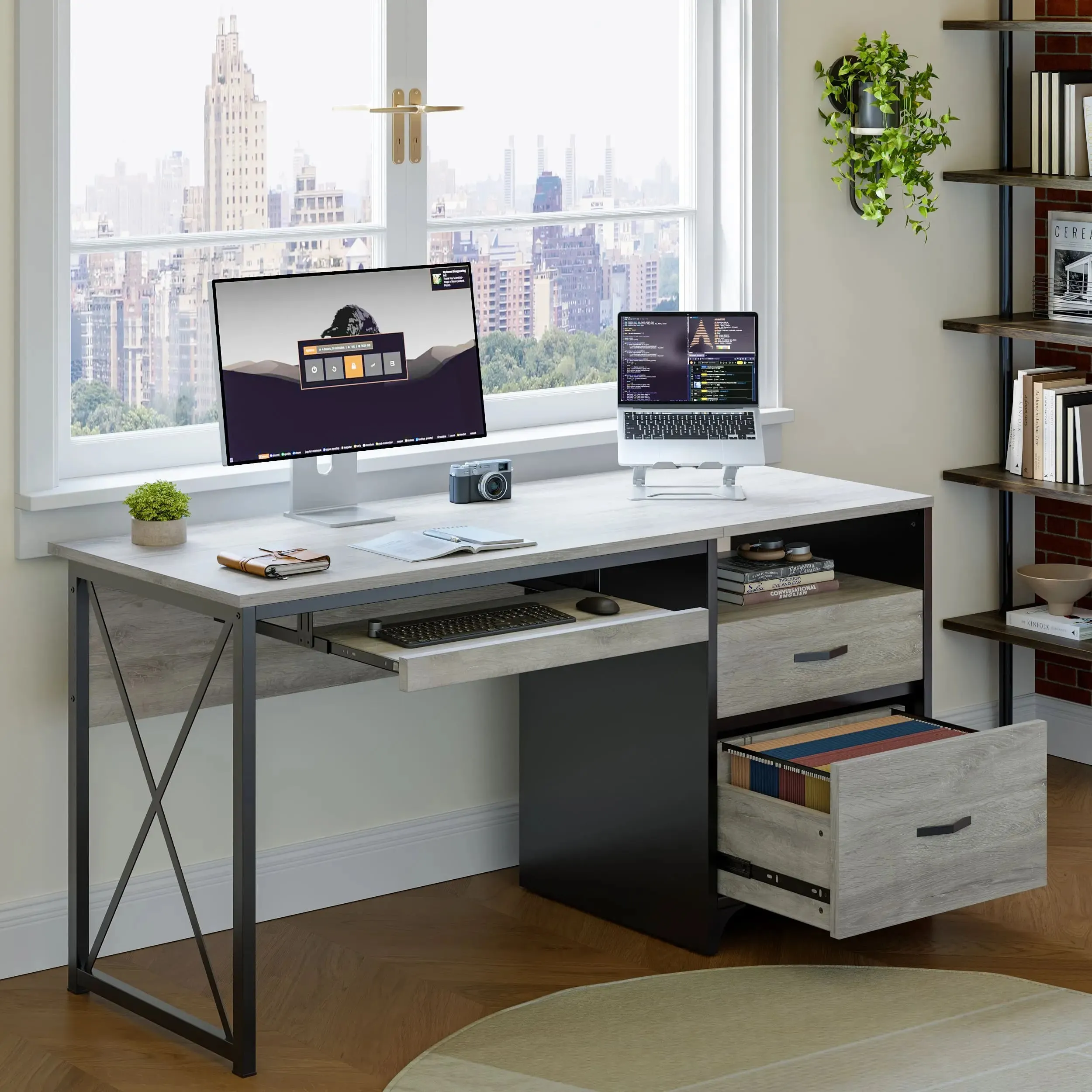 Bestier 55 Inch Industrial Office Computer Desk with Storage