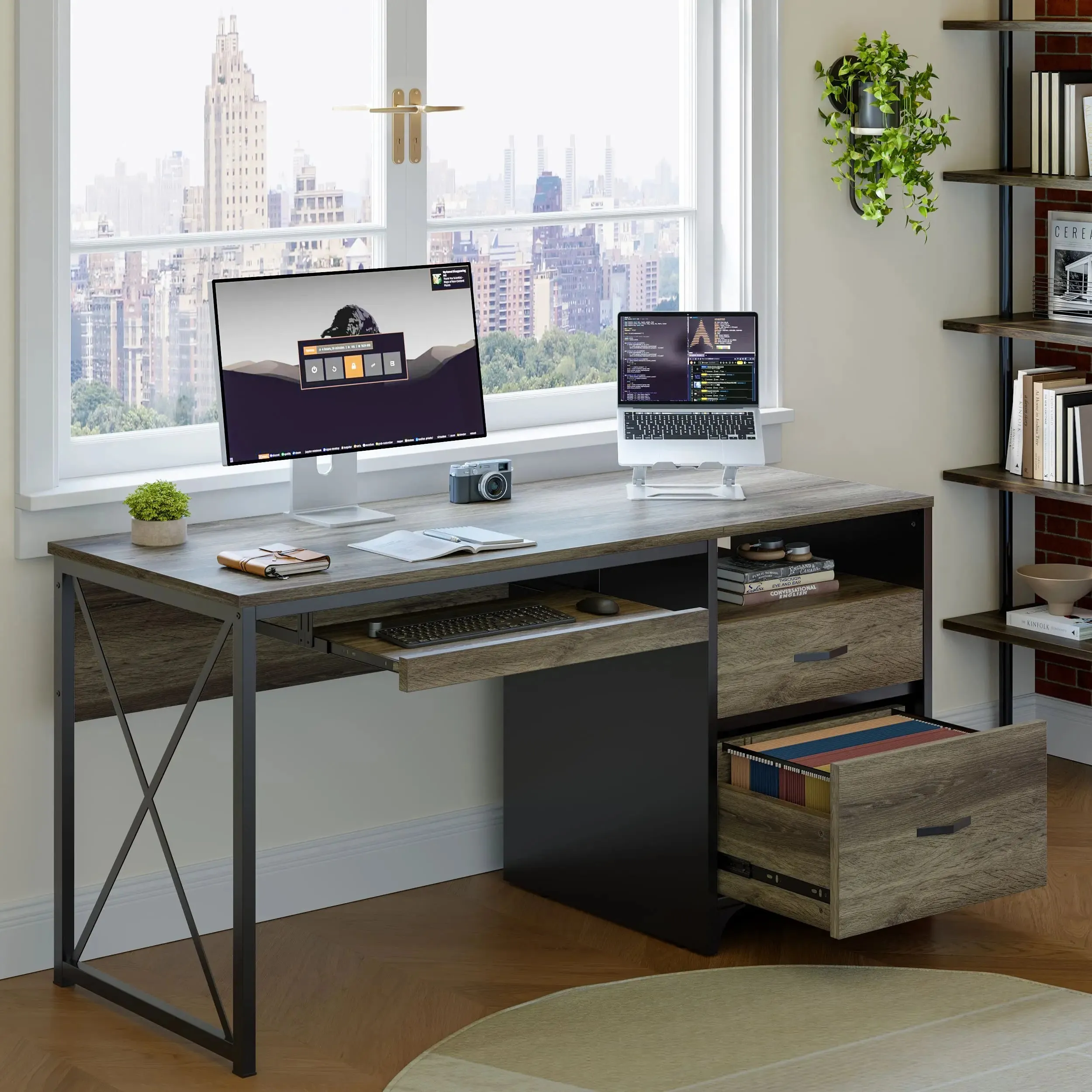 Bestier 55 Inch Industrial Office Computer Desk with Storage