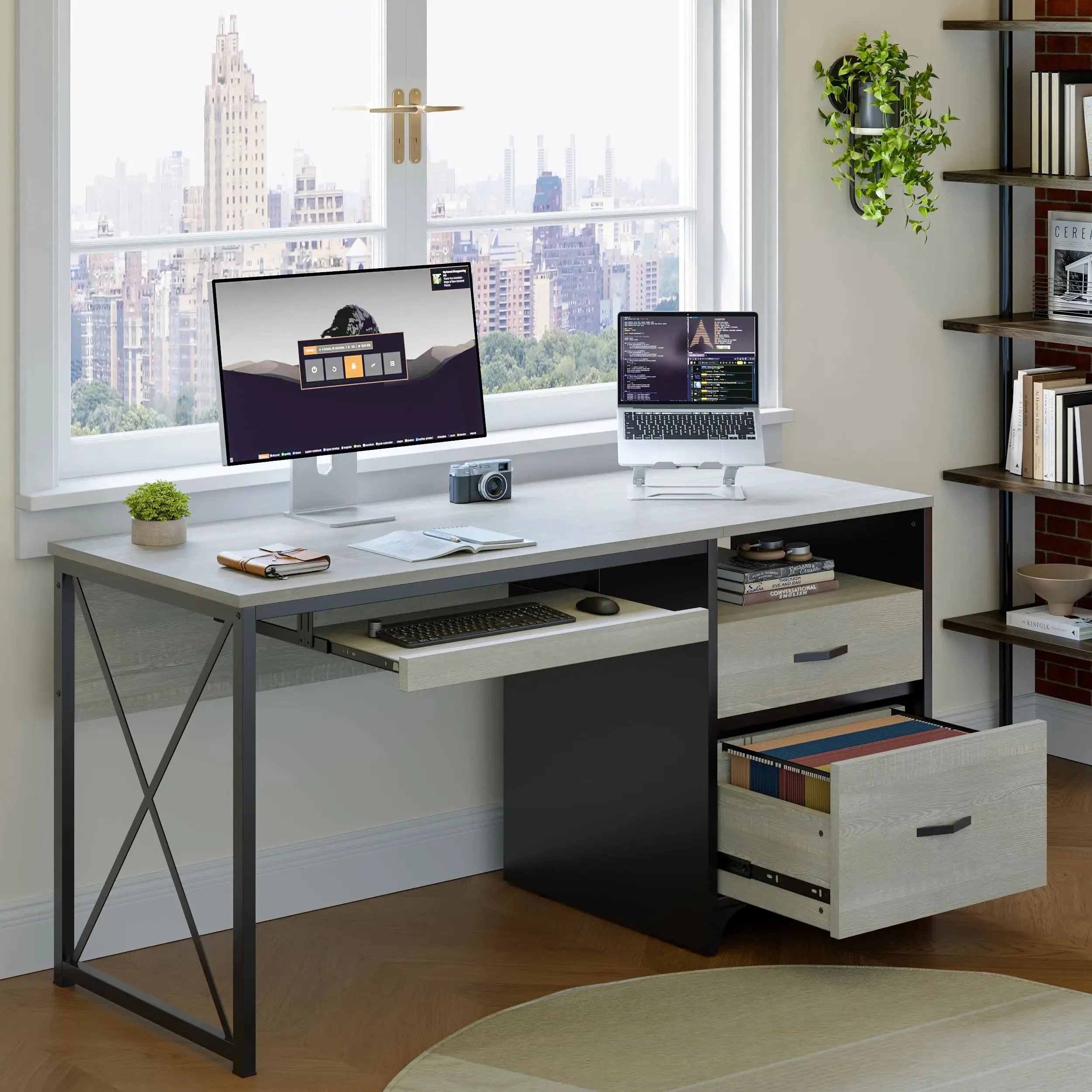 Bestier 55 Inch Industrial Office Computer Desk with Storage