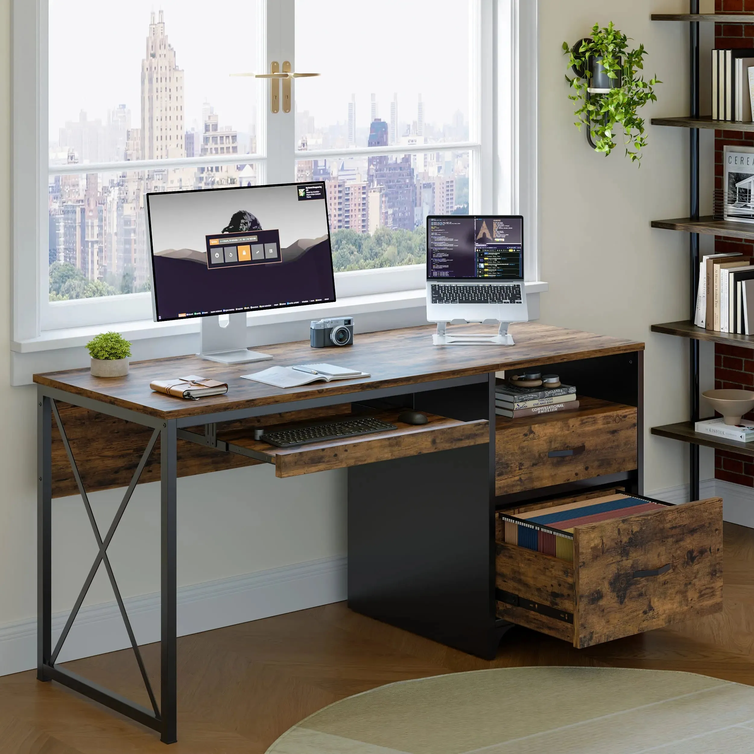 Bestier 55 Inch Industrial Office Computer Desk with Storage