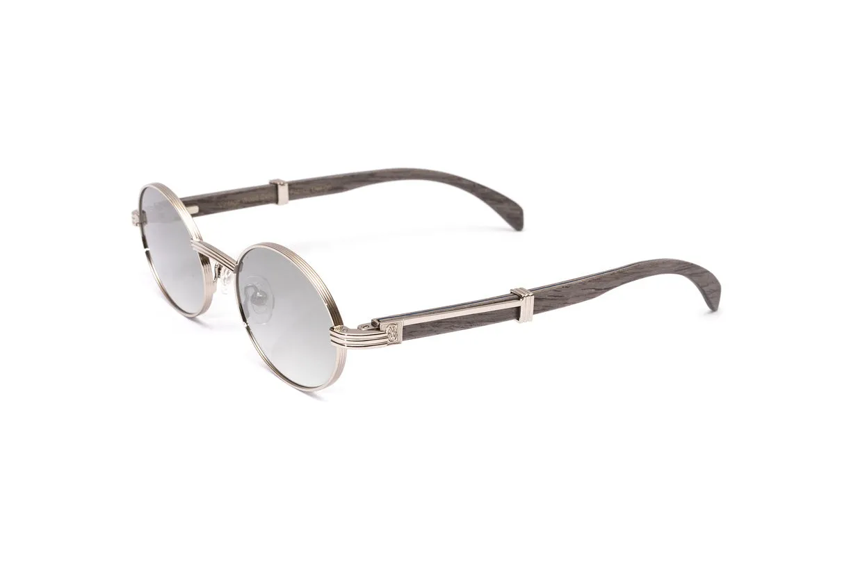 BRIGADE Silver & Grey Wood Oval Sunglasses, Gradient Grey   Silver Mirror Lenses