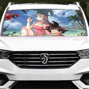 Bulma Sitting on a Tree and Kid Goku at the Beach Blue Graphic DBZ Windshield Sunshade