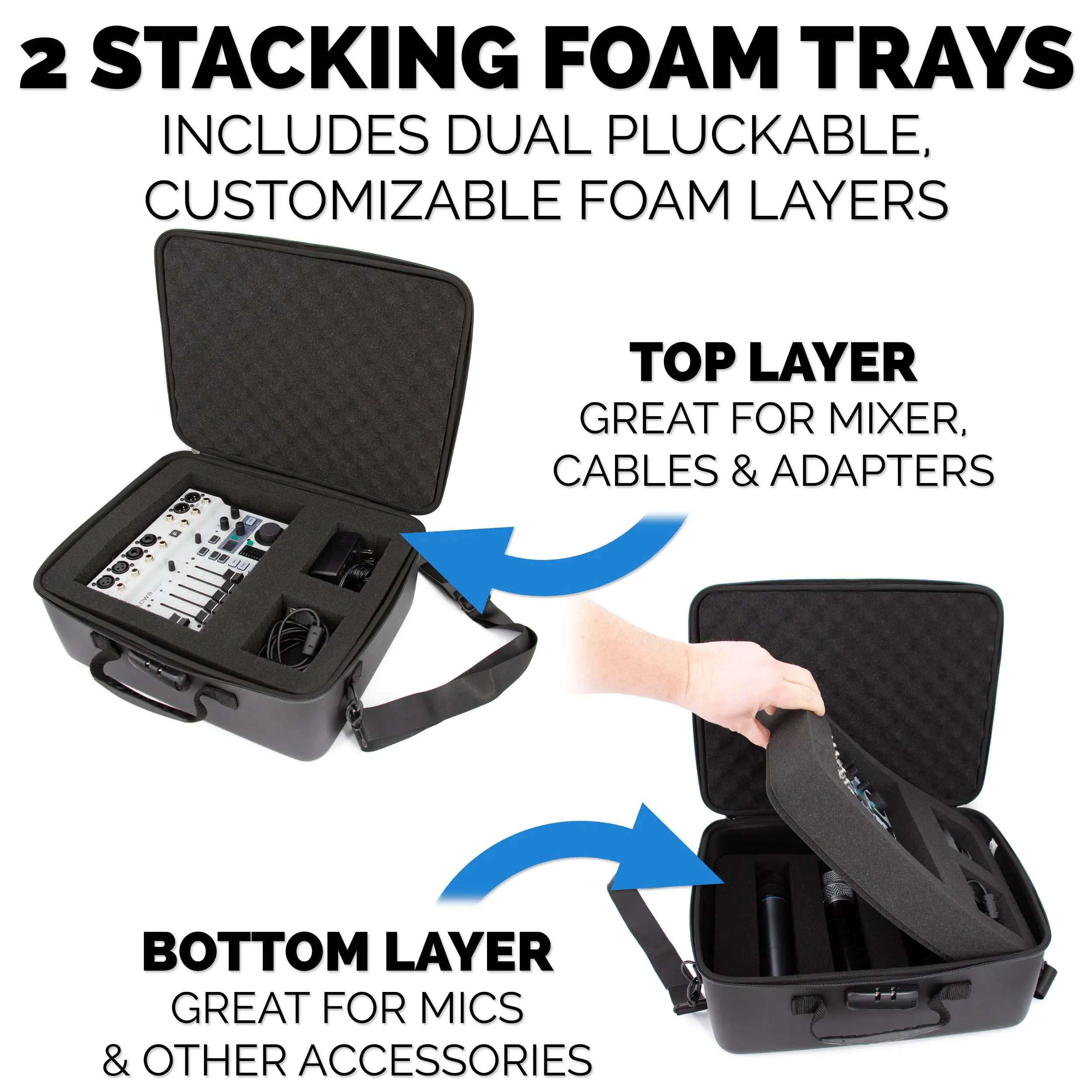 CASEMATIX Mixer Case Compatible With Behringer Flow 8 or Xenyx 802s in Two Customizable Trays - Fits DJ Mixers and More up to 13.5" x 10.5" x 2.2"