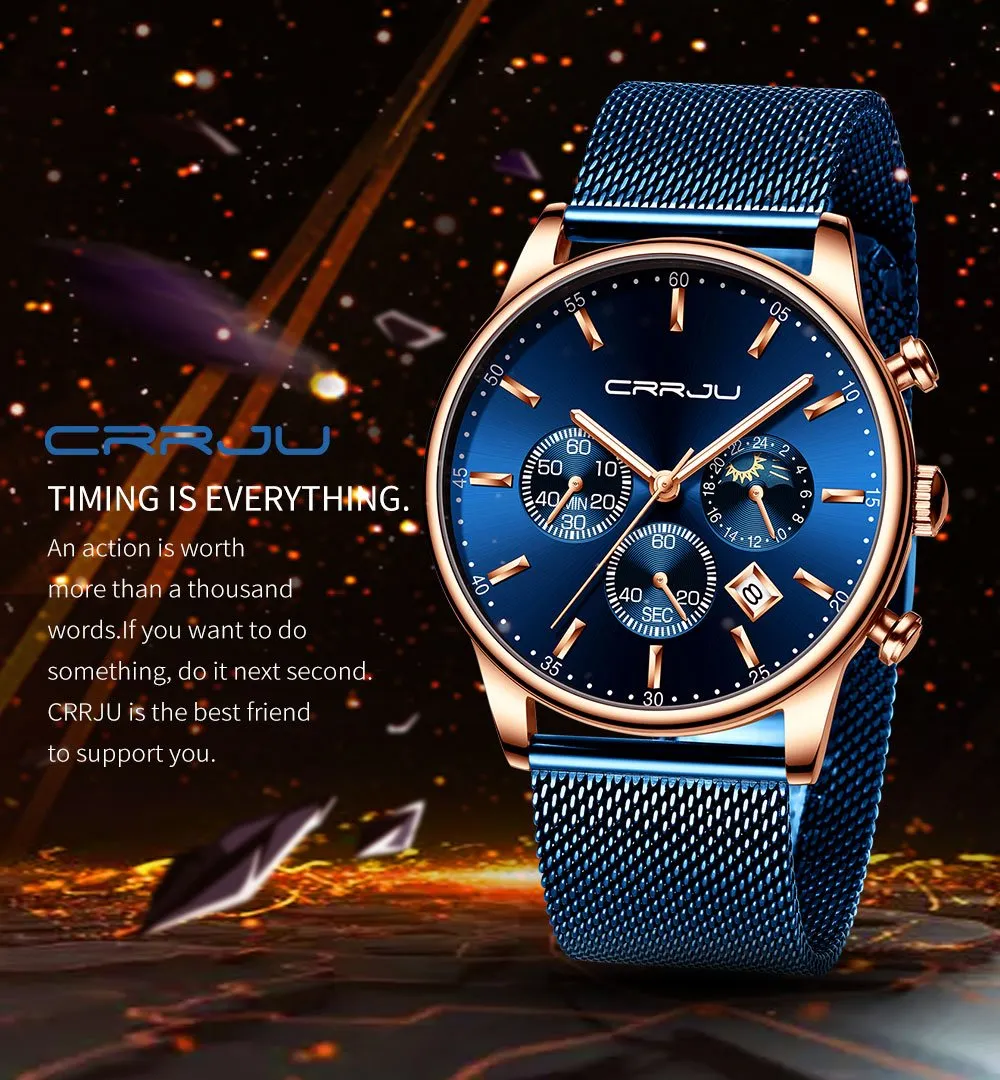 CRRJU - Fashion Stainless Steel Waterproof Quartz Watch