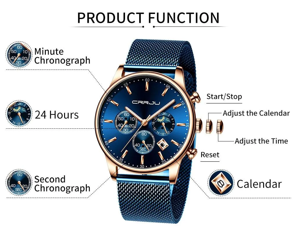 CRRJU - Fashion Stainless Steel Waterproof Quartz Watch