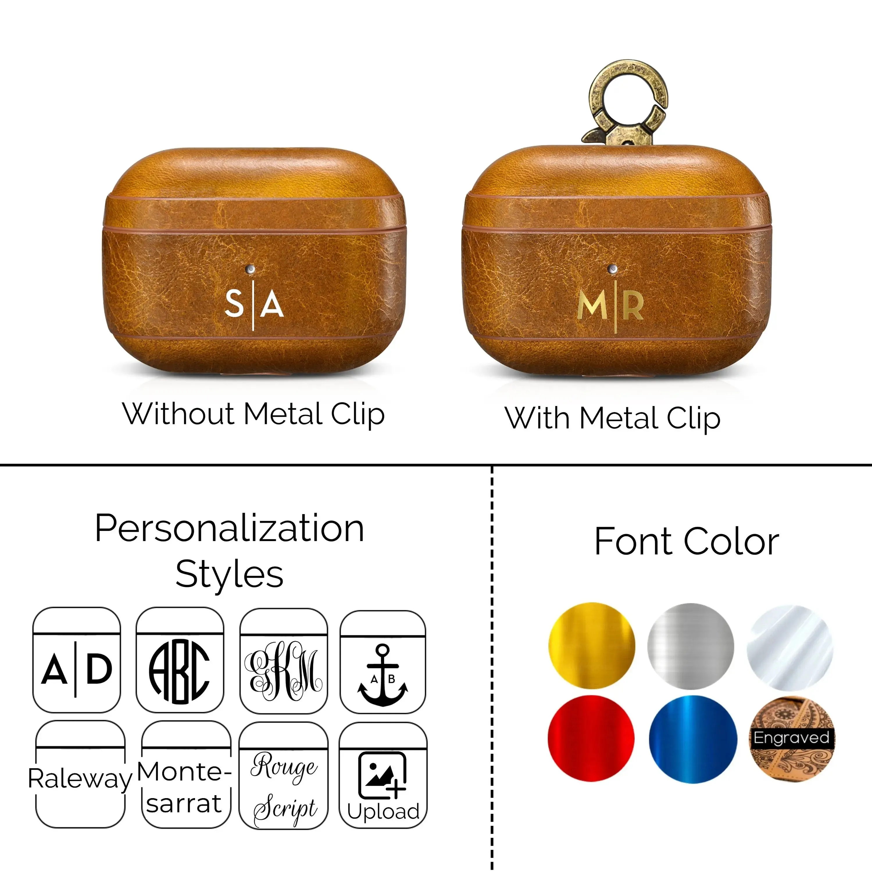 Custom AirPods Pro Waxed Cowhide Brown Leather Case Keychain Metal-Custom AirPods Pro Case