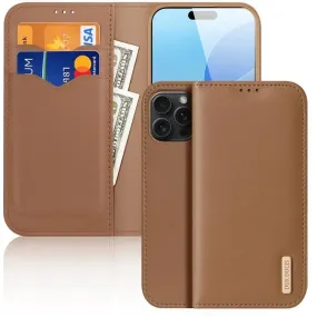 DUX DUCIS Genuine Real Leather Flip RFID Wallet Case for Apple iPhone 16 Pro Max - Brown