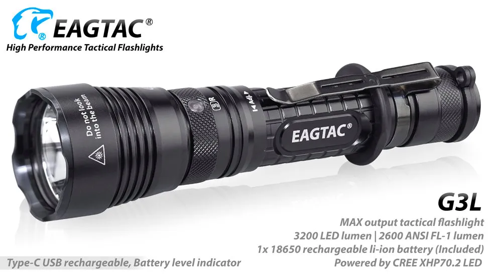 EagTac G3L 3200 lumen USB-C Rechargeable Flashlight 1 x 18650 Battery CREE XHP 70.2 LED