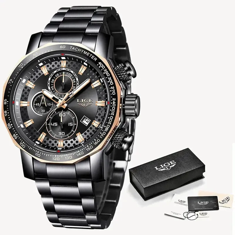 Fashion Mens Watches LIGE Luxury Stainless Steel Waterproof Quartz Watch Men Top Brand Business Chronograph Relogio Masculino