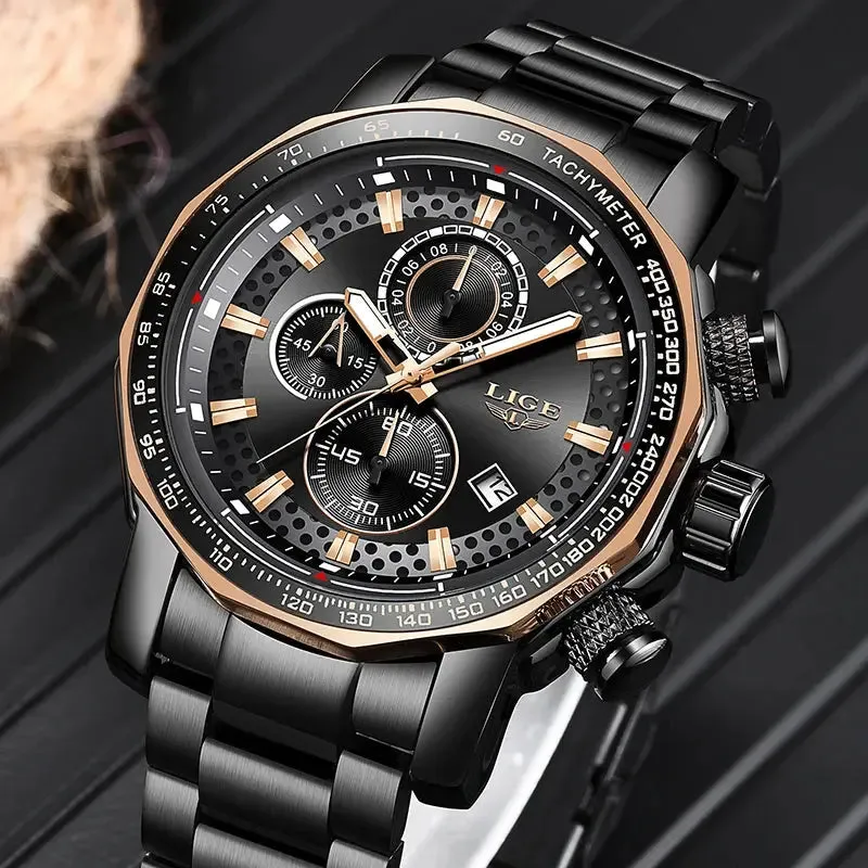 Fashion Mens Watches LIGE Luxury Stainless Steel Waterproof Quartz Watch Men Top Brand Business Chronograph Relogio Masculino