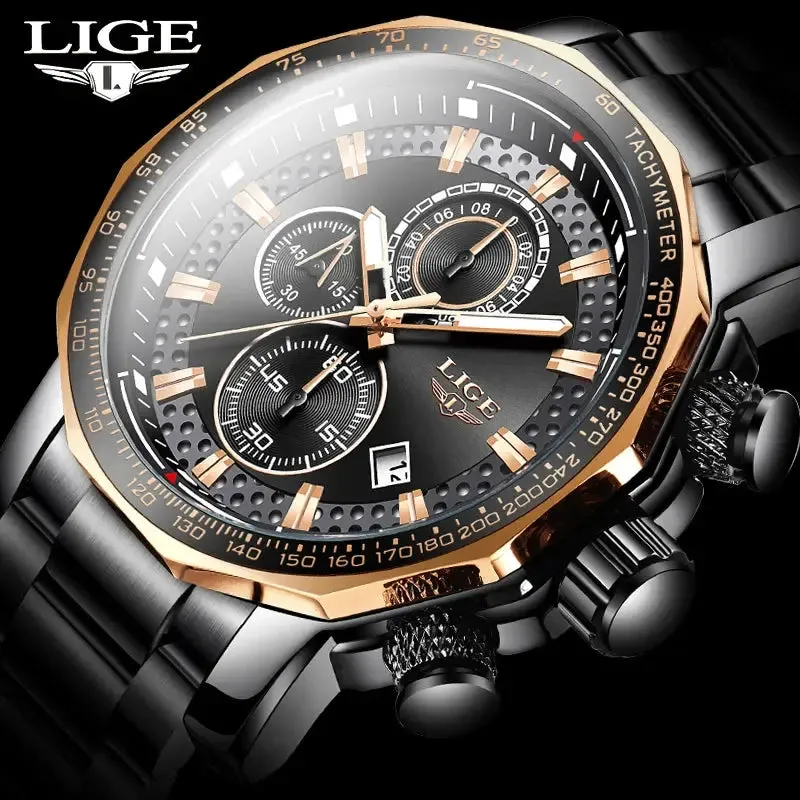 Fashion Mens Watches LIGE Luxury Stainless Steel Waterproof Quartz Watch Men Top Brand Business Chronograph Relogio Masculino