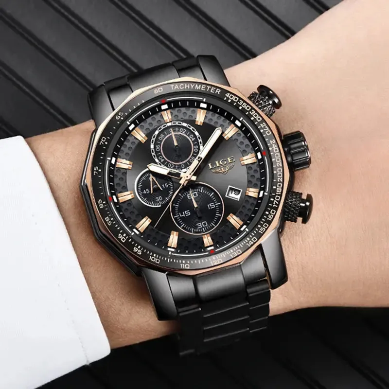 Fashion Mens Watches LIGE Luxury Stainless Steel Waterproof Quartz Watch Men Top Brand Business Chronograph Relogio Masculino