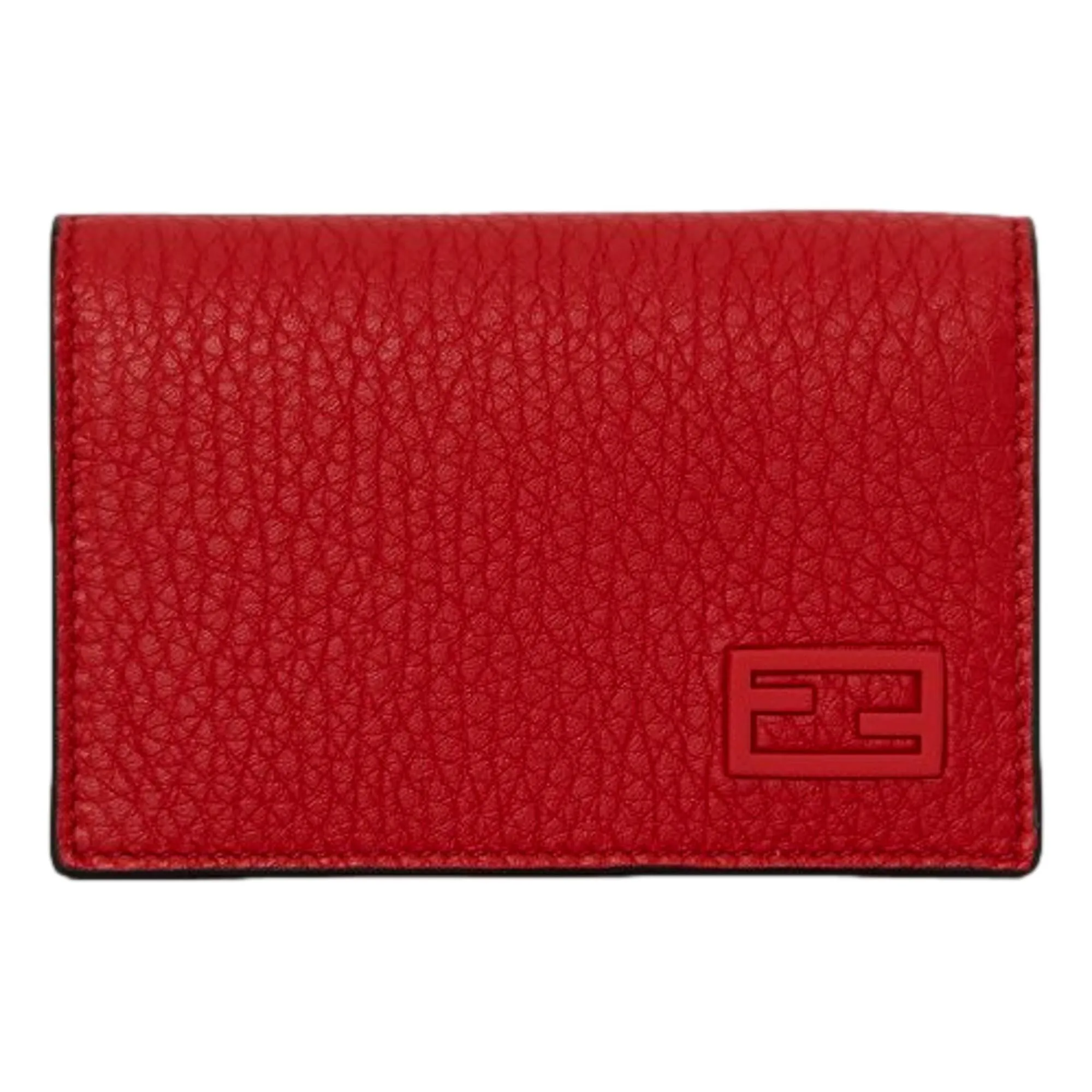 Fendi Red Grained Leather Baguette Logo Card Case Wallet