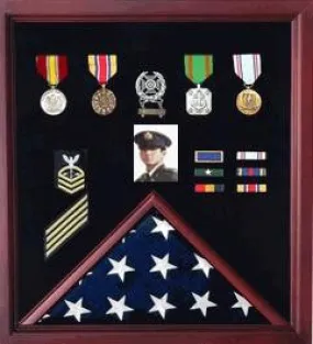 Flag Photo and Badge Display Case, Cherry Case with 3'x5' flag case