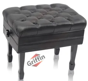 Genuine Leather Adjustable Piano Bench by GRIFFIN - Black Solid Wood Vintage Style & Heavy-Duty Ergonomic Keyboard Stool - Cushion Seat With Storage by GeekStands.com