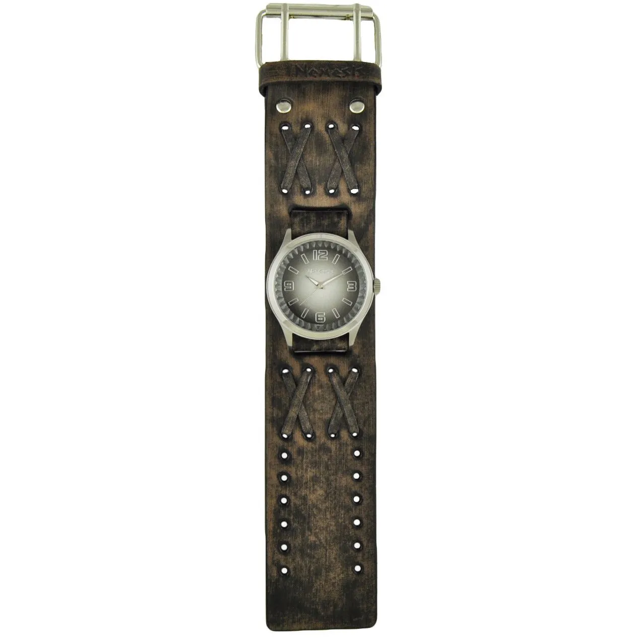 Gradient Pointium Grey Watch with Double X Distressed Dark Brown Leather Wide Cuff