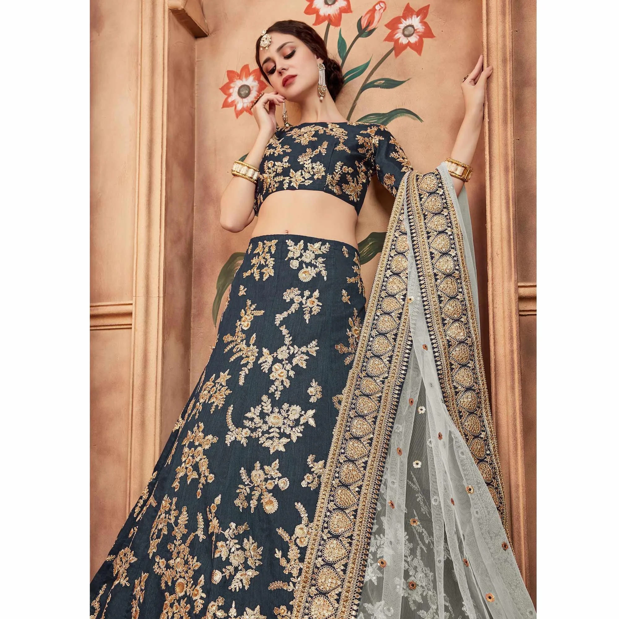 Grey Festive Wear Dori Sequins Work Art Silk Lehenga Choli