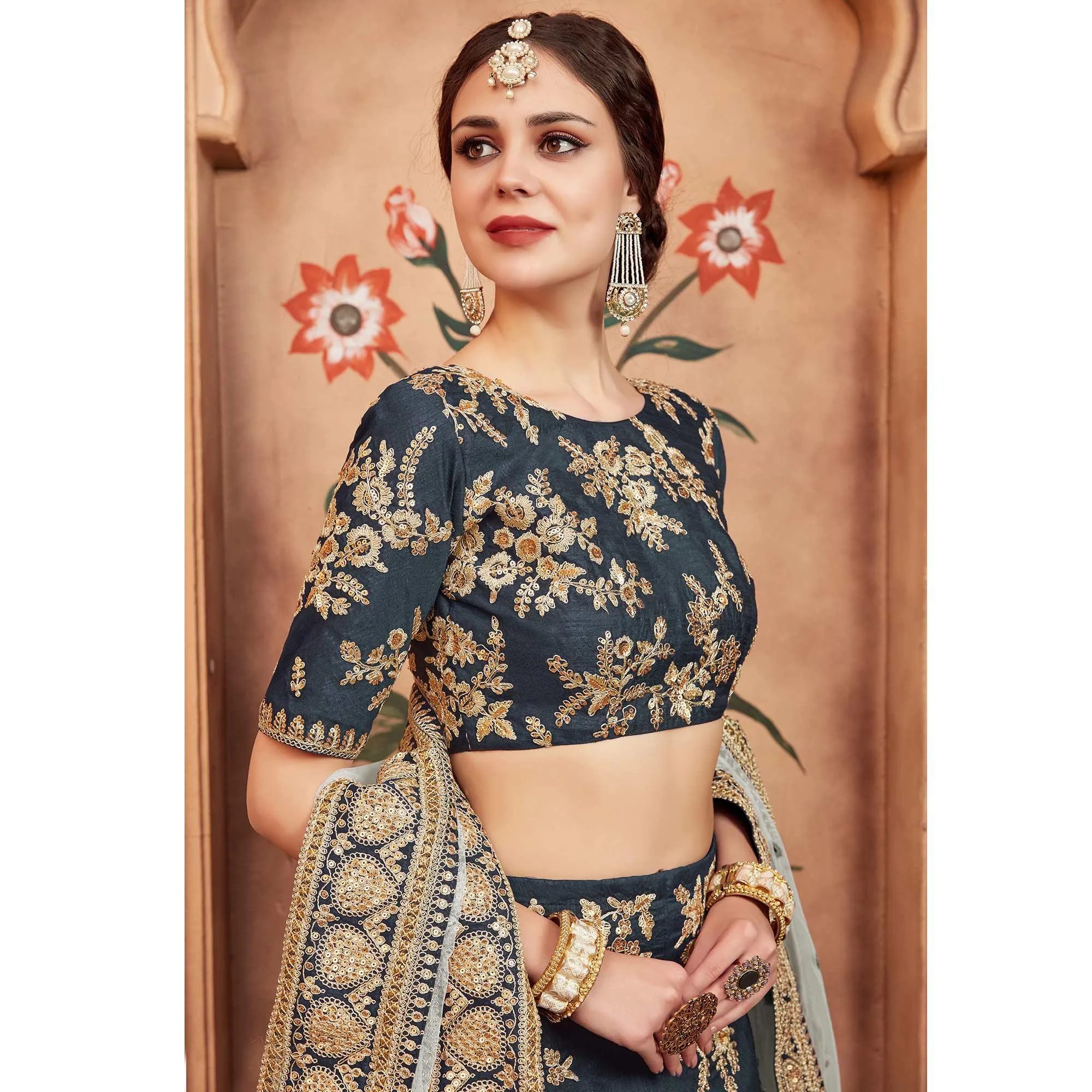 Grey Festive Wear Dori Sequins Work Art Silk Lehenga Choli