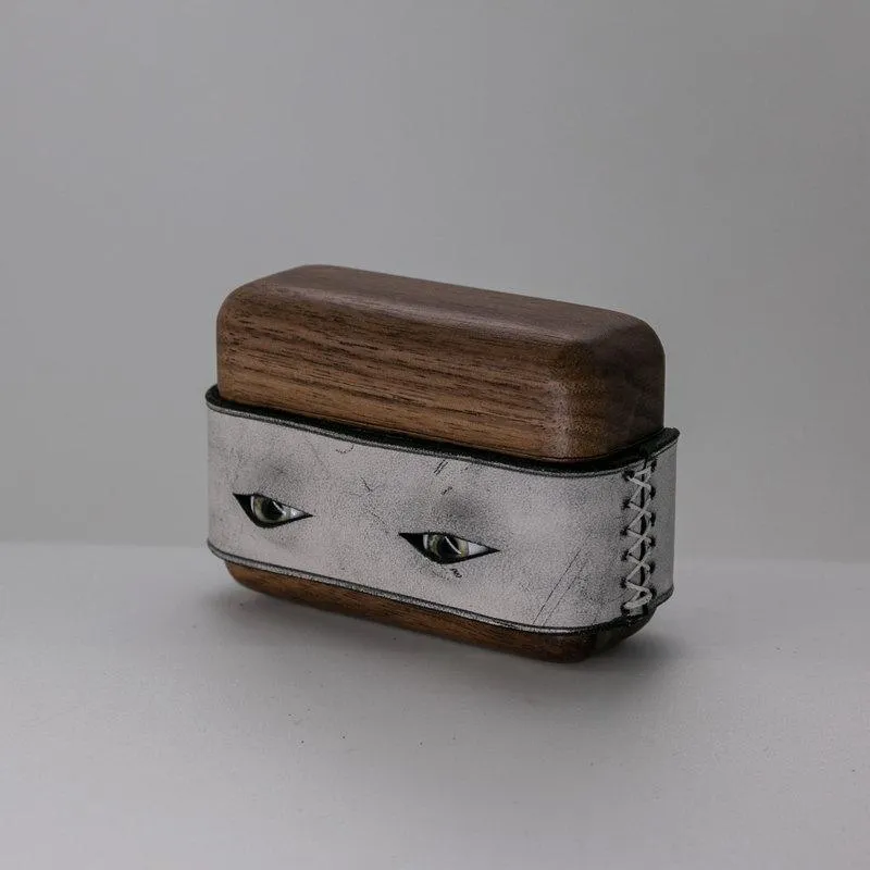 Handmade Black Leather Coffee Wood AirPods 1,2 Case with Eyes Custom Leather AirPods 1,2 Case Airpod Case Cover