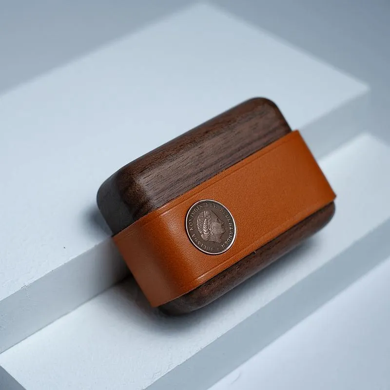 Handmade Coffee Leather Cherrywood AirPods Pro Case Custom Brown Leather AirPods Pro Case Airpod Case Cover