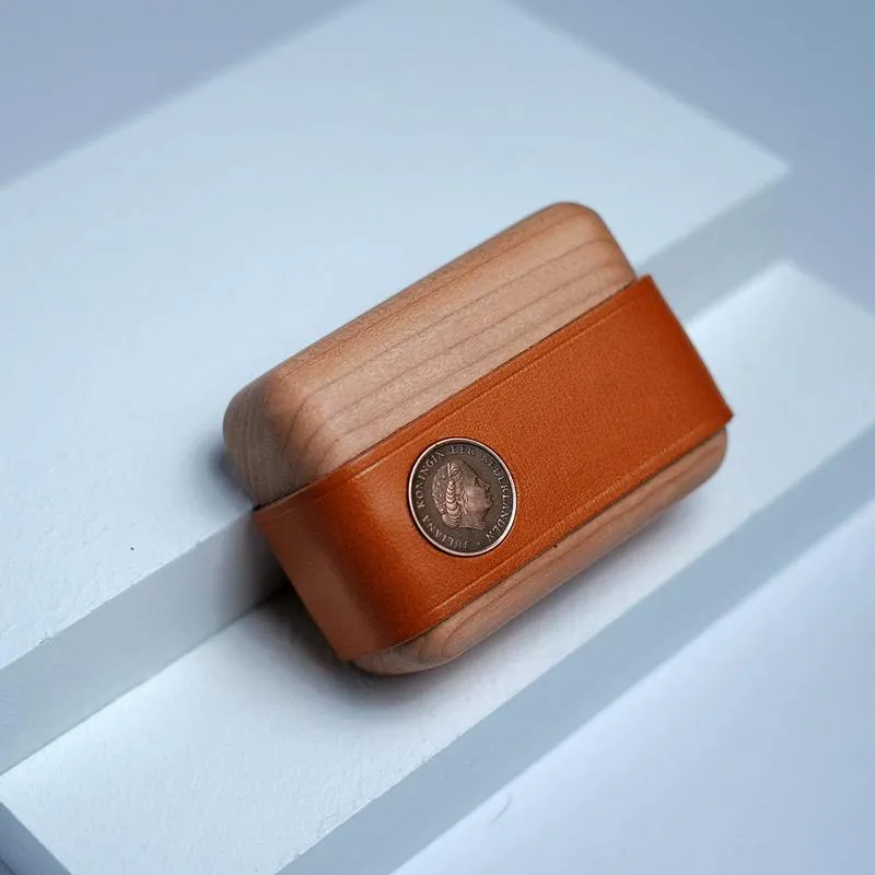 Handmade Coffee Leather Cherrywood AirPods Pro Case Custom Brown Leather AirPods Pro Case Airpod Case Cover