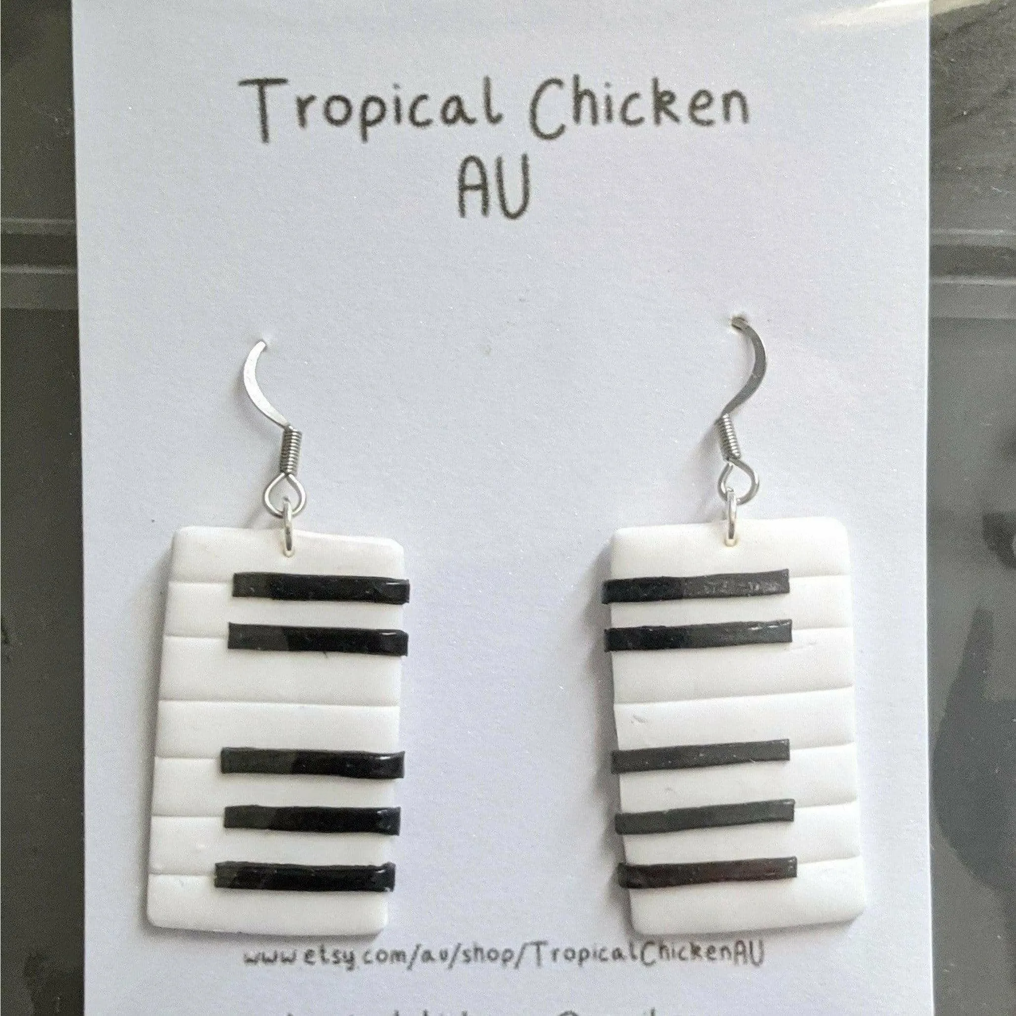 Handmade Music Themed Earrings Piano/Keyboard and Alto Clefs - Tropical Chicken