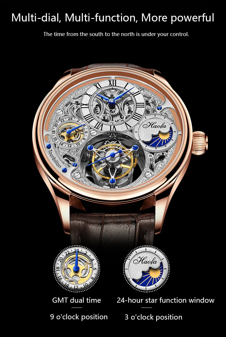 Haofa  GMT Day And Night  Tourbillon Movement Watch 1035 top finish case